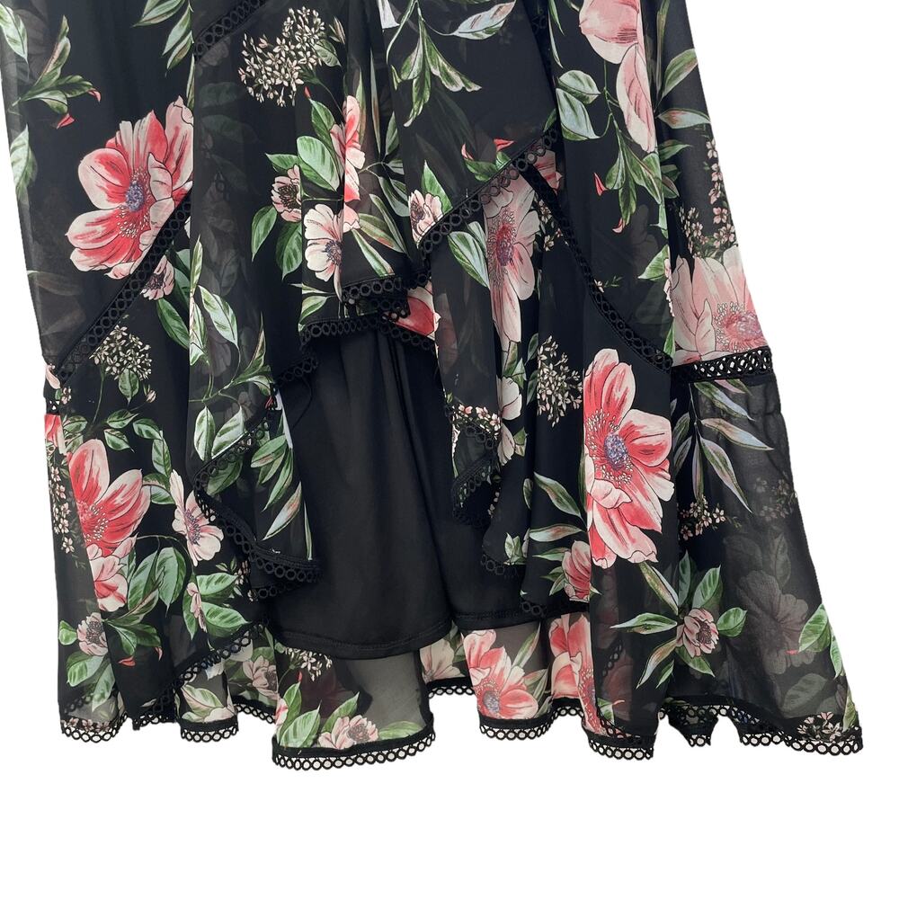Black Floral V-Neck Chiffon Midi Dress with Ruffled High-Low Hem - Picture 4 of 10